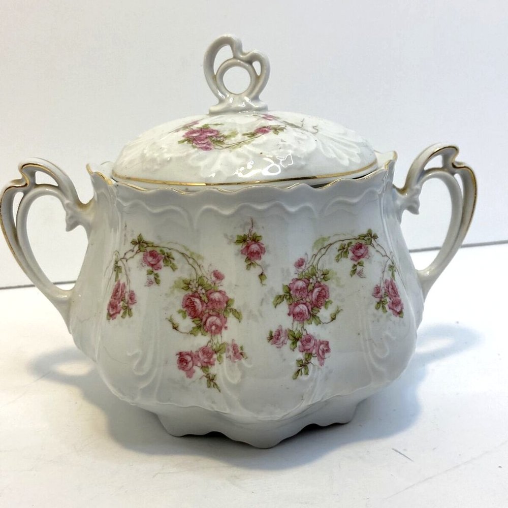 Antique 32oz Moritz Zdekauer Austria Rose and Gold Trim Porcelain Tureen w Lid